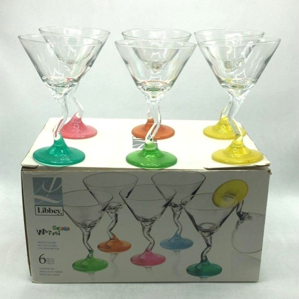 Libbey WATUSI Multicolor Martini Glasses Retro Zig Zag Stem Barware